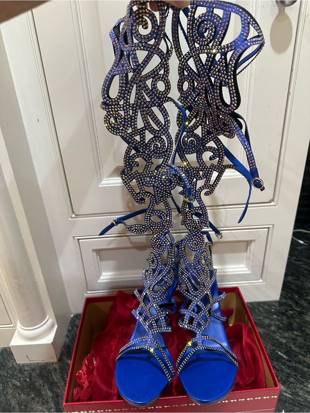 Rene Caovilla Blue Strass knee high gladiator heels NIB 39 heel tips, & dustbag
